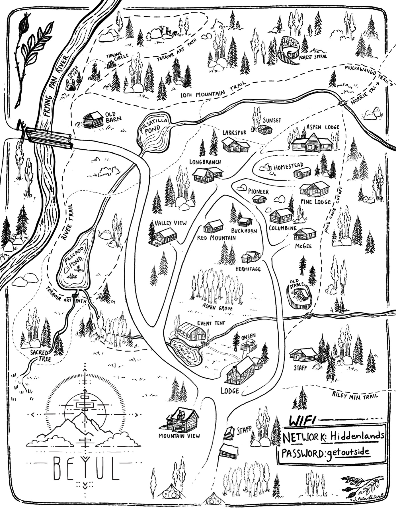 Hand-illustrated map of Beyul Retreat showing cabins, ceremony sites, ponds, trails, and the Frying Pan River